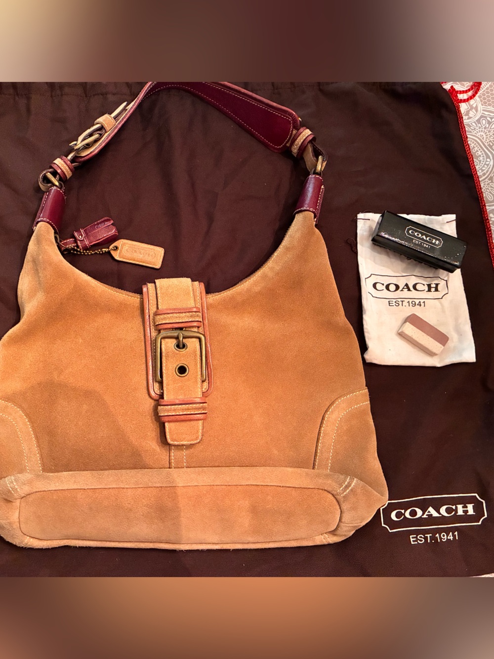 Coach Suede Hobo Bag in Tan with Burgundy Strap + Coach Suede Care Kit